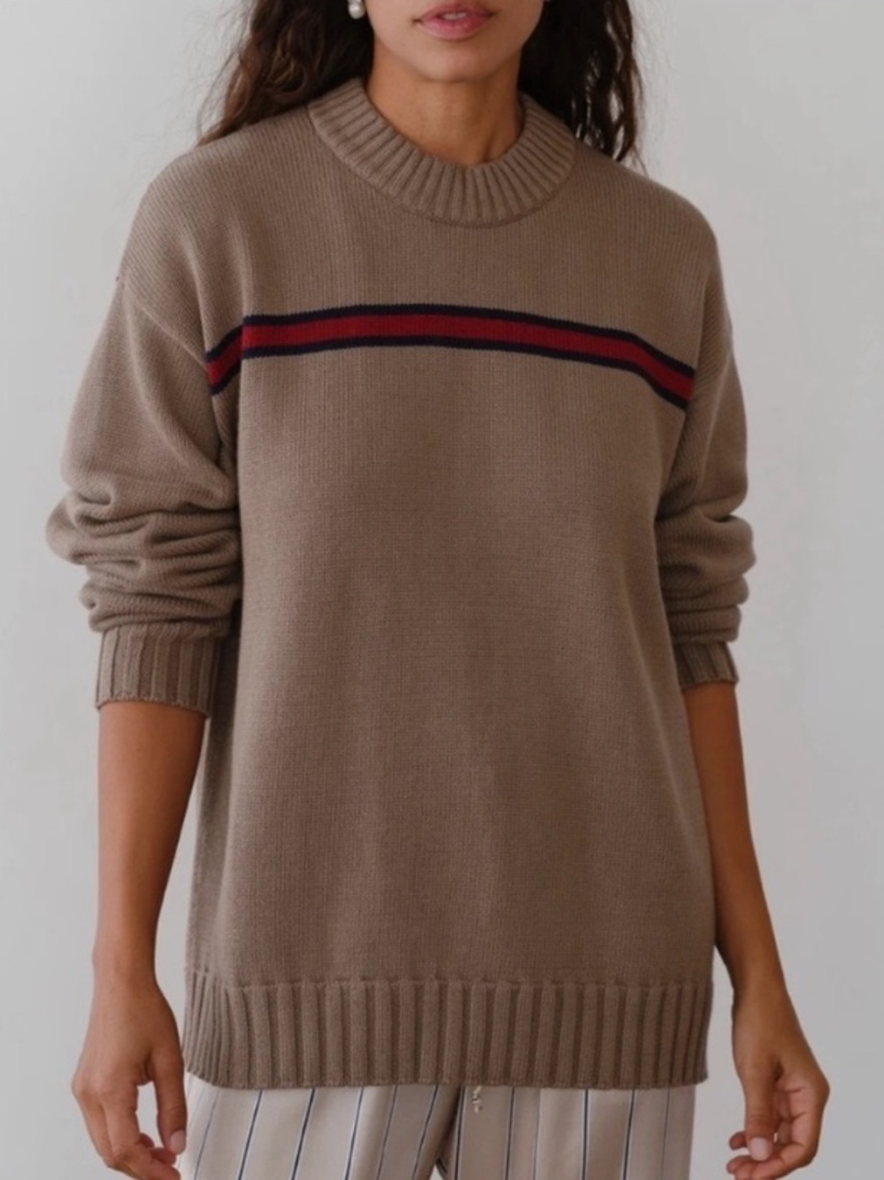 Donni The Cotton Cashmere Stripe Oversized Knit Sweater 90s Tan Brown Red - Picture 2 of 13